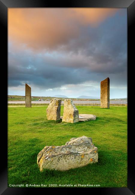 Storm Clouds at Sunrise (Stones of Stenness) Framed Print by Andrew Ray