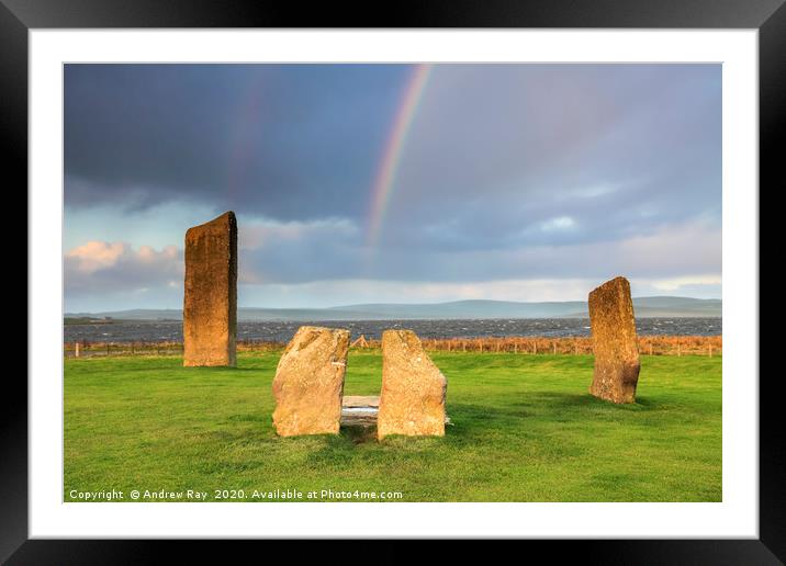 Rainbow at Stones of Stenness  Framed Mounted Print by Andrew Ray