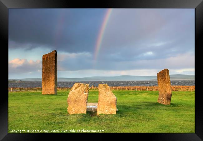 Rainbow at Stones of Stenness  Framed Print by Andrew Ray