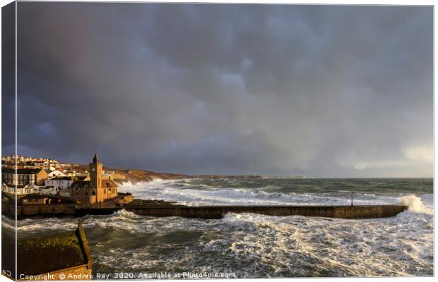 Storm Clouds over Porthleven Pier Canvas Print by Andrew Ray