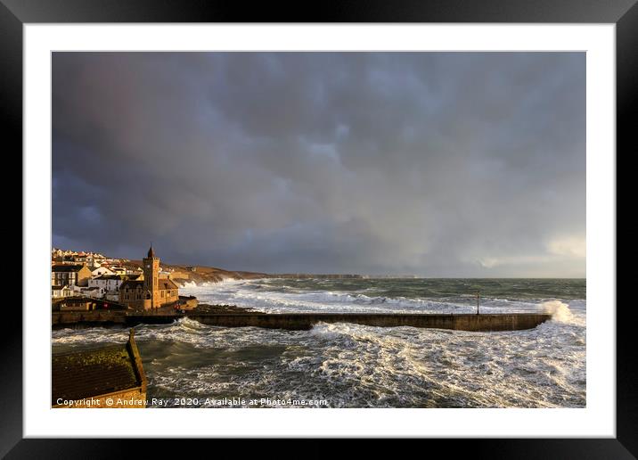 Storm Clouds over Porthleven Pier Framed Mounted Print by Andrew Ray