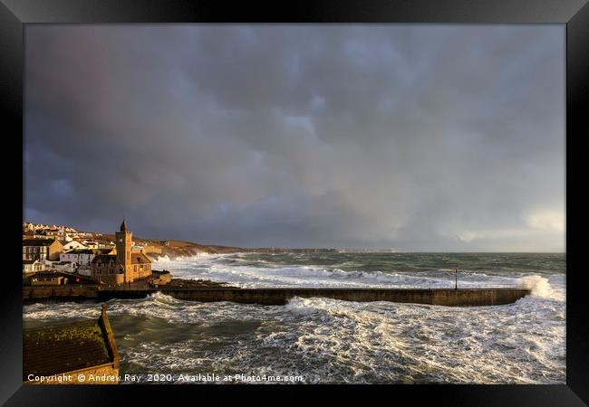 Storm Clouds over Porthleven Pier Framed Print by Andrew Ray