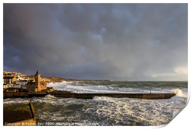Storm Clouds over Porthleven Pier Print by Andrew Ray