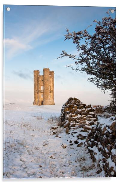Broadway tower in winter snow.  Acrylic by Andrew Michael