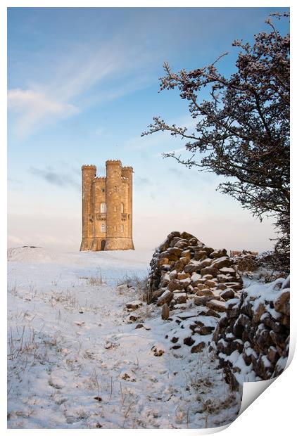 Broadway tower in winter snow.  Print by Andrew Michael