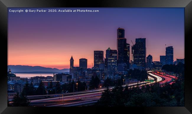 Seattle cityscape light trails Framed Print by Gary Parker