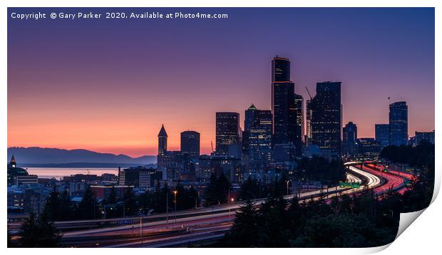 Seattle cityscape light trails Print by Gary Parker