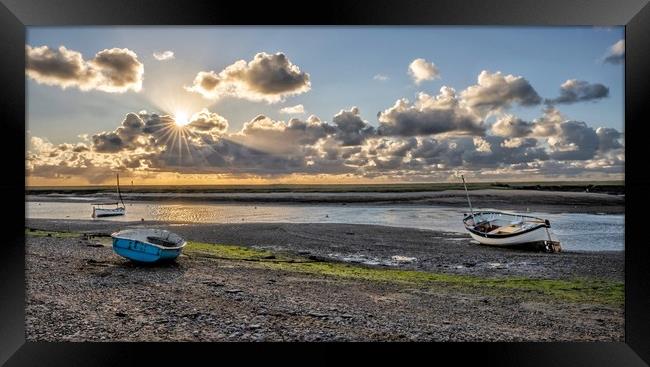 Low tide and sun rays - Burnham Overy Staithe  Framed Print by Gary Pearson
