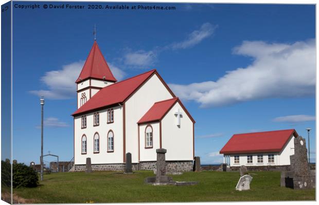 The Kalfatjarnarkirkja Church at Vatnsleysustrond  Canvas Print by David Forster