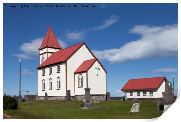 The Kalfatjarnarkirkja Church at Vatnsleysustrond  Print by David Forster