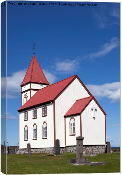 The Kalfatjarnarkirkja Church at Vatnsleysustrond  Canvas Print by David Forster