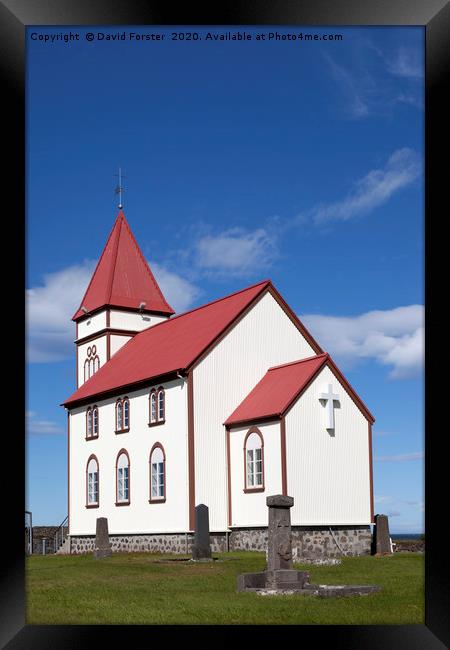 The Kalfatjarnarkirkja Church at Vatnsleysustrond  Framed Print by David Forster