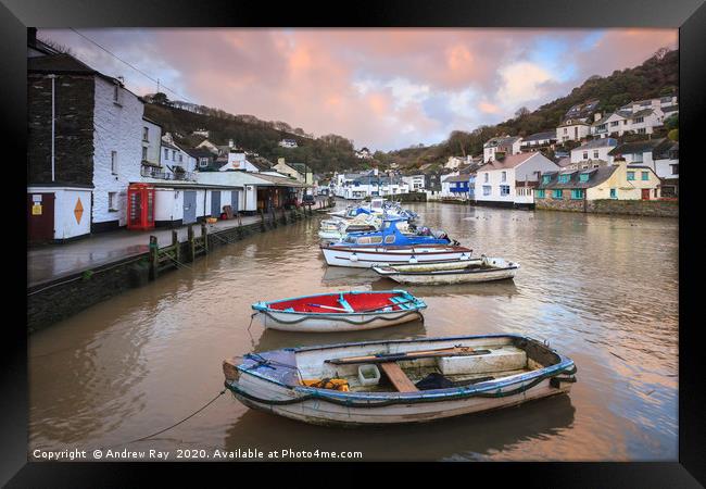 Boats at Sunrise (Polperro) Framed Print by Andrew Ray