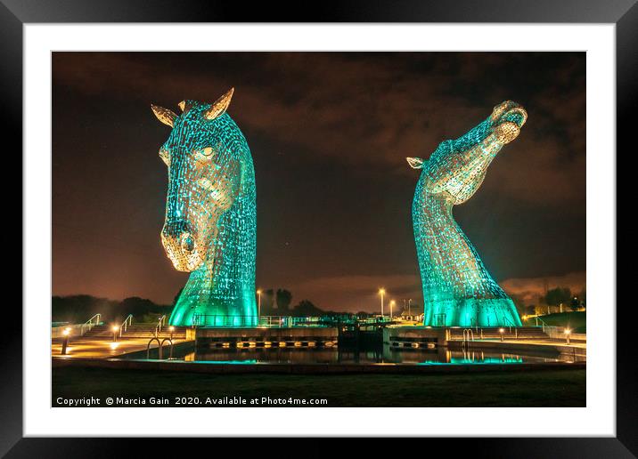 The Falkirk kelpies at night Framed Mounted Print by Marcia Reay