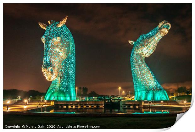 The Falkirk kelpies at night Print by Marcia Reay