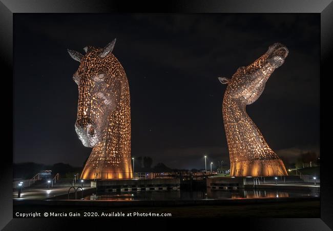 The Falkirk kelpies in gold  Framed Print by Marcia Reay