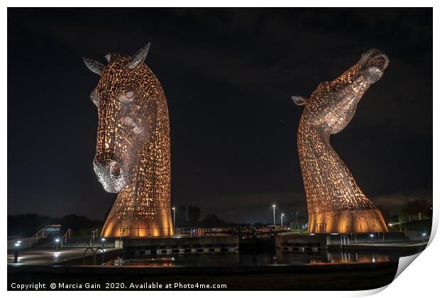 The Falkirk kelpies in gold  Print by Marcia Reay