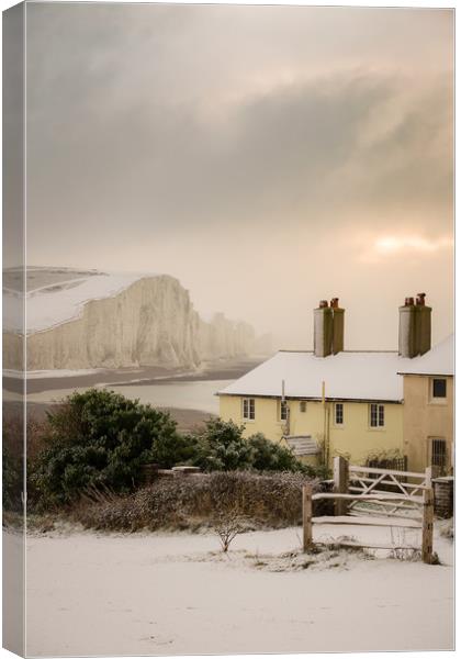 Coastguard Cottages In The Snow  Canvas Print by Ben Russell