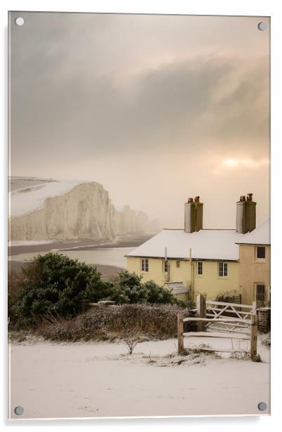 Coastguard Cottages In The Snow  Acrylic by Ben Russell