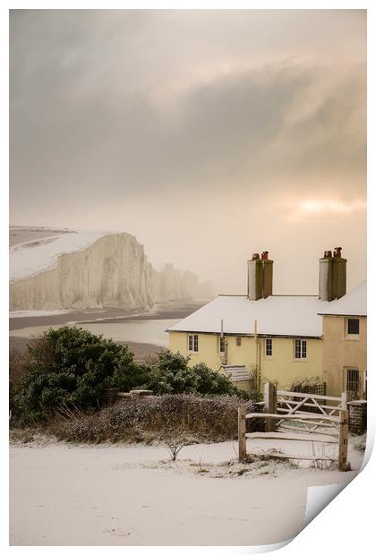 Coastguard Cottages In The Snow  Print by Ben Russell