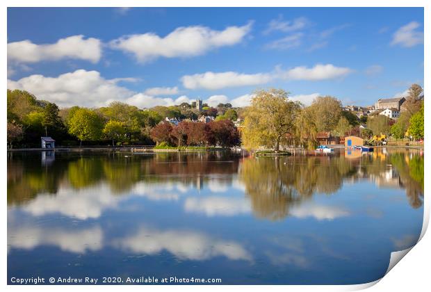Helston Boating Lake Reflections Print by Andrew Ray