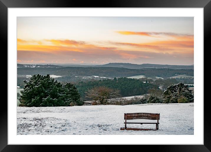 A Snowy Sunrise in the Surrey Hills Framed Mounted Print by Ben Griffin