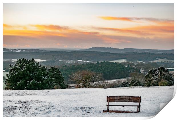 A Snowy Sunrise in the Surrey Hills Print by Ben Griffin