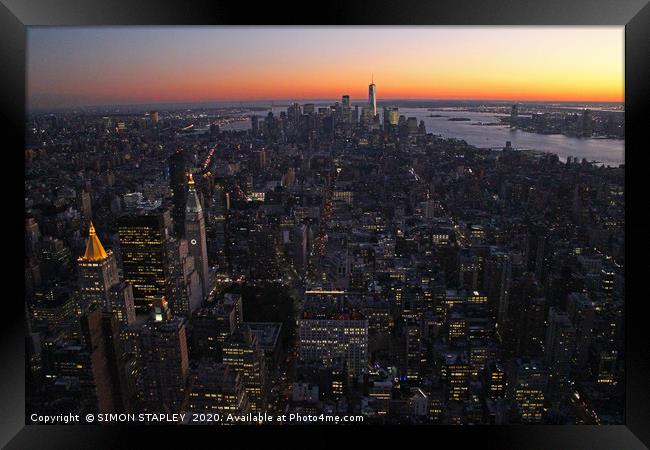 NEW YORK CITY SUNSET Framed Print by SIMON STAPLEY