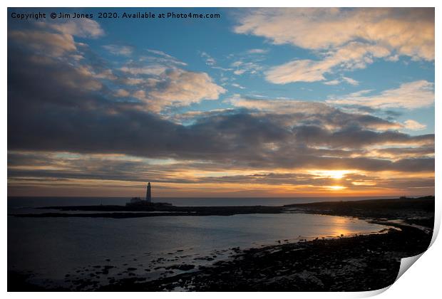 Calm and colourful morning at St Mary's Island Print by Jim Jones