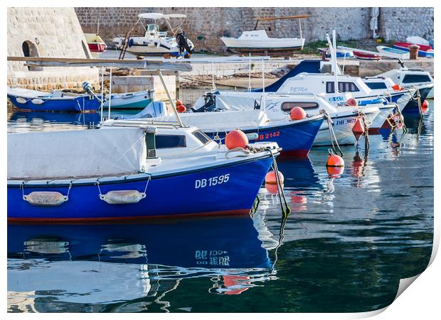 Boats lined up in Dubrovnik harbour Print by Jason Wells