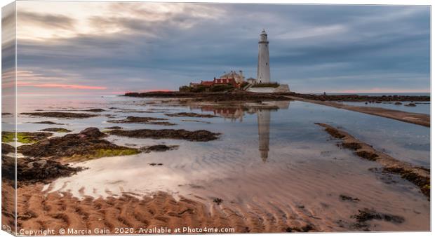 St Mary's Lighthouse at sunrise Canvas Print by Marcia Reay