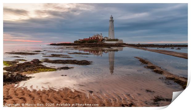 St Mary's Lighthouse at sunrise Print by Marcia Reay
