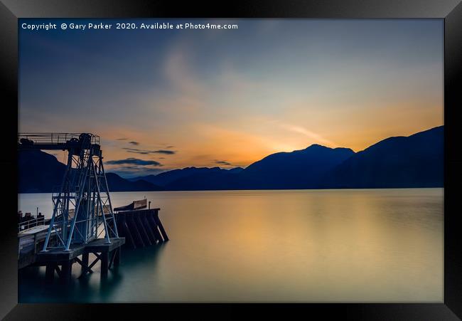 Pier overlooking Porteau Cove, BC, Canada, sunset Framed Print by Gary Parker