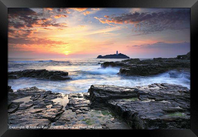 Sunset at Godrevy Framed Print by Andrew Ray