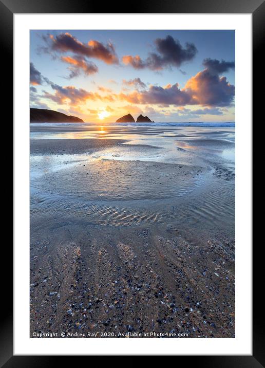 Setting Sun at Low Tide (Holywell Bay) Framed Mounted Print by Andrew Ray