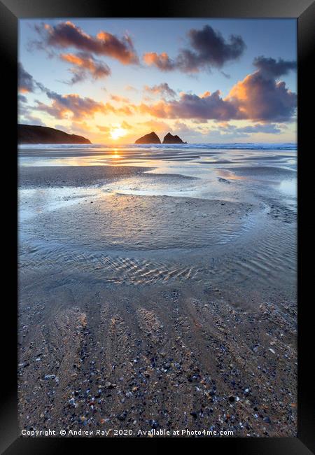 Setting Sun at Low Tide (Holywell Bay) Framed Print by Andrew Ray