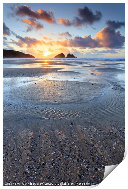 Setting Sun at Low Tide (Holywell Bay) Print by Andrew Ray