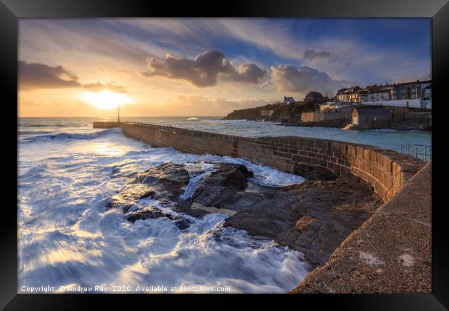 Setting Sun at Porthleven Framed Print by Andrew Ray