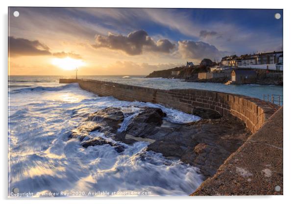 Setting Sun at Porthleven Acrylic by Andrew Ray