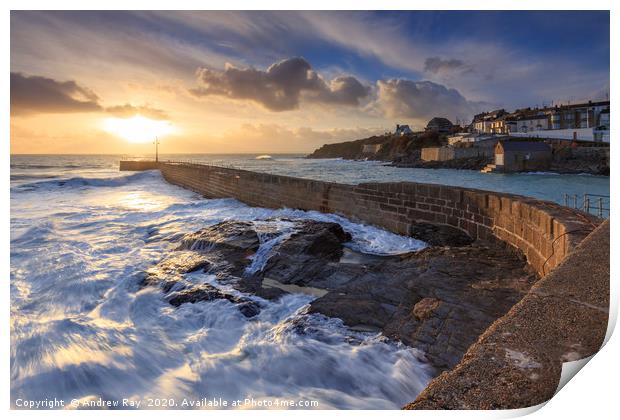 Setting Sun at Porthleven Print by Andrew Ray