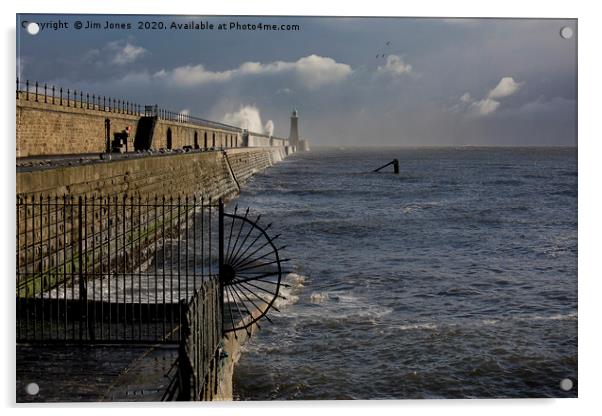 Waves splashing over Tynemouth Pier Acrylic by Jim Jones