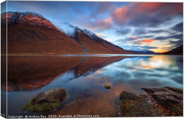 Reflections at sunset (Loch Etive) Canvas Print by Andrew Ray