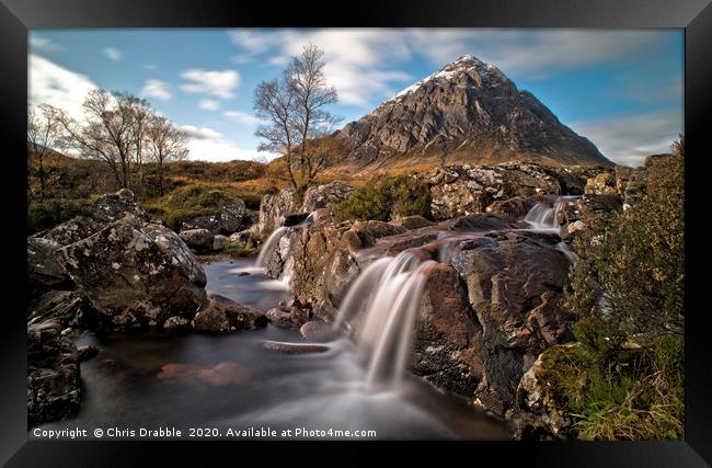 Buachaille Etive Mor with River Coupall waterfalls Framed Print by Chris Drabble