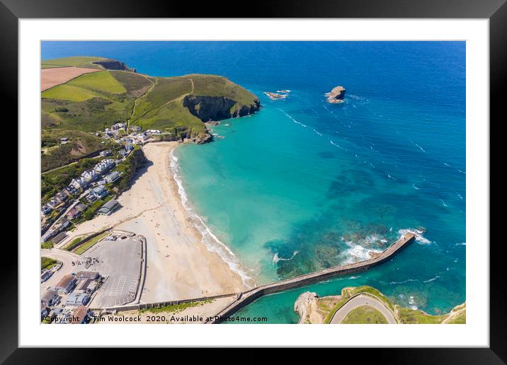 Aerial Photograph of Portreath Beach, Cornwall, En Framed Mounted Print by Tim Woolcock