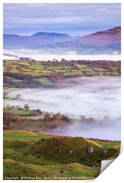 Mist in the Usk Valley Print by Andrew Ray