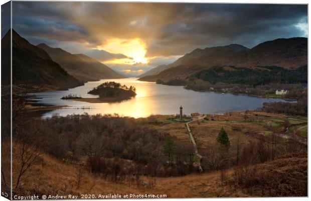 Setting sun over Loch Sheil Canvas Print by Andrew Ray