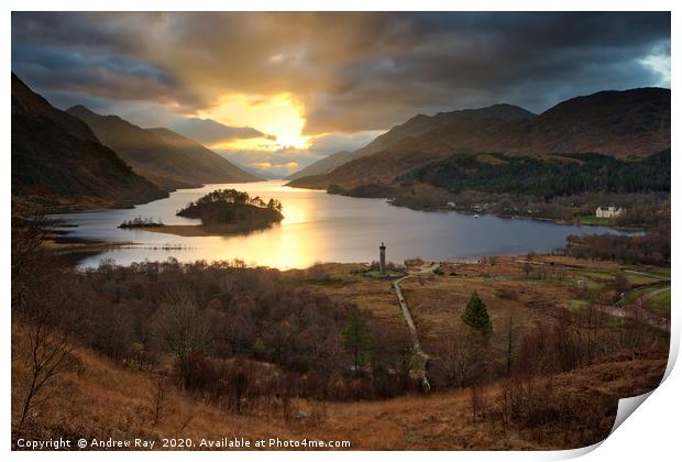 Setting sun over Loch Sheil Print by Andrew Ray