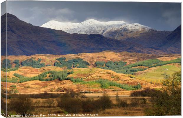 Snow capped peaks over Loch Tromlee Canvas Print by Andrew Ray
