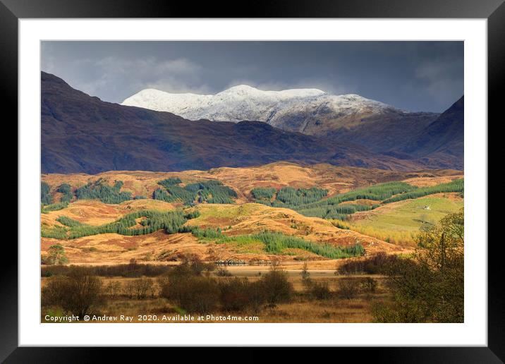 Snow capped peaks over Loch Tromlee Framed Mounted Print by Andrew Ray