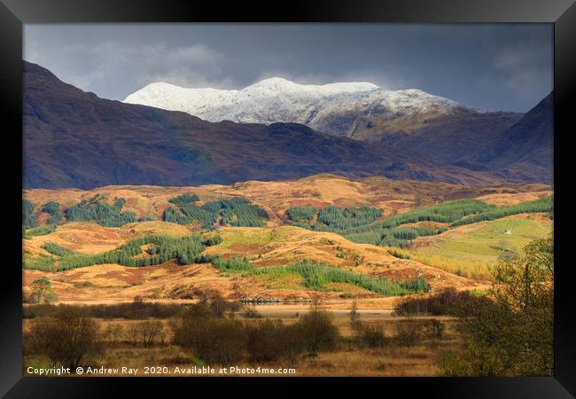 Snow capped peaks over Loch Tromlee Framed Print by Andrew Ray